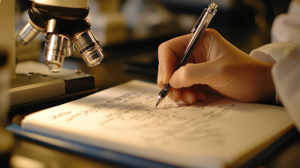 schreiben Mikroskop und ein Block auf dem geschrieben wird.